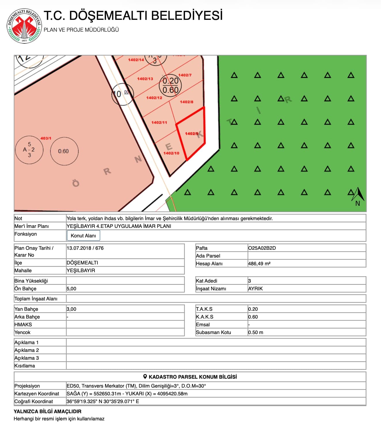 YEŞİLBAYIR MH ORFE YANI ORMANA CEPHE 486M2 İMARLI ARSA